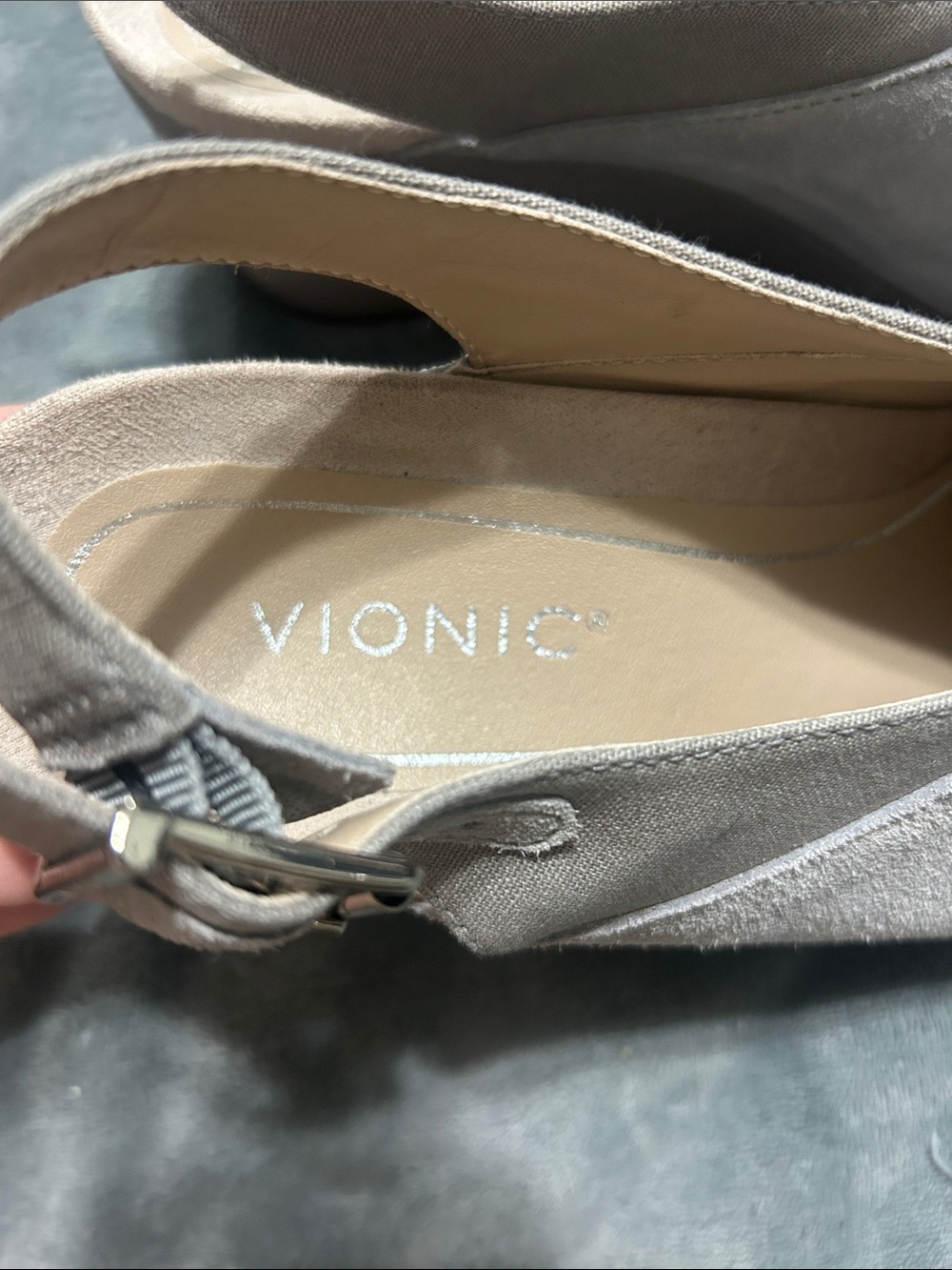 Vionic Trixie Gray/Taupe Suede Peep-Toe Wedge Slingbacks - Picture 3 of 4